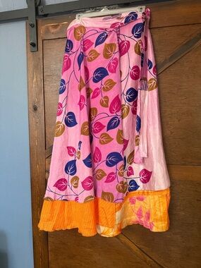 Fun Pink Leaf-Print Maxi Wrap Skirt with Orange Ruffle Hem